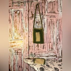Green and Tan Crochet Crossbody Bag with matching wristlet wallet